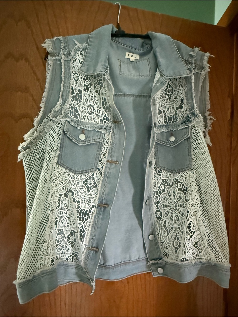 POL Light Denim Vest with White Lace & Mesh Panels